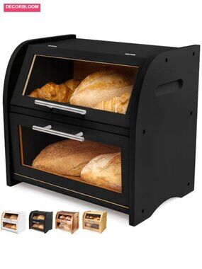 Extra Large 2-Shelf Bamboo Bread Box Countertop Storage
